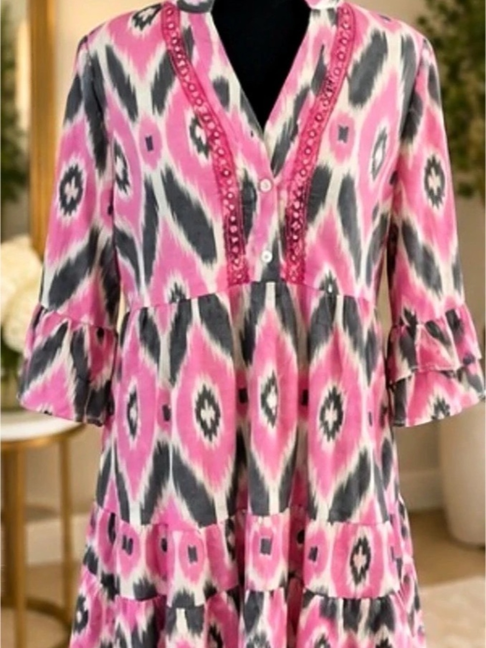 Debbie Katz South Beach Pink Ikat Tiered Cotton Dress Size M Boho Resort